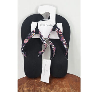 New NWT‎ Vera Bradley Webbing Strap Floral Flip Flops Black Size 7-8